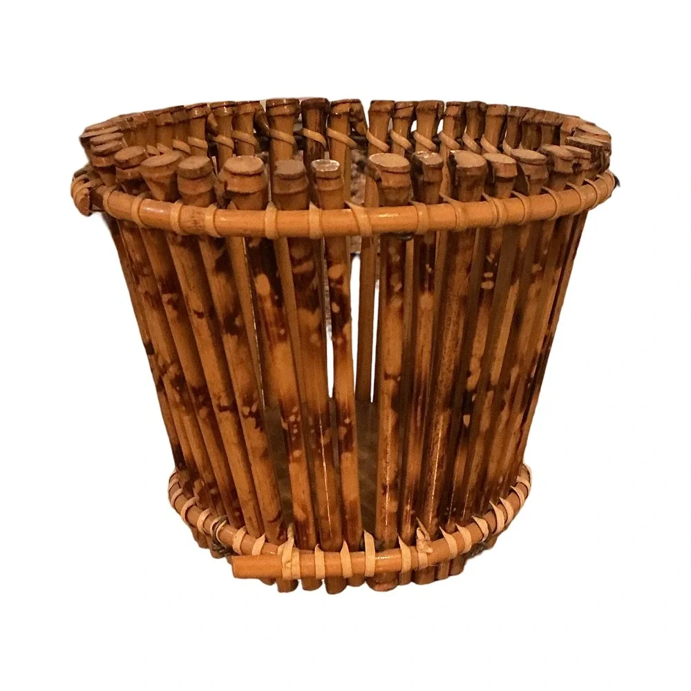 Vintage Bamboo Slat Basket Tapered Wicker Wood Base Boho Decor 5.25 x 4.5